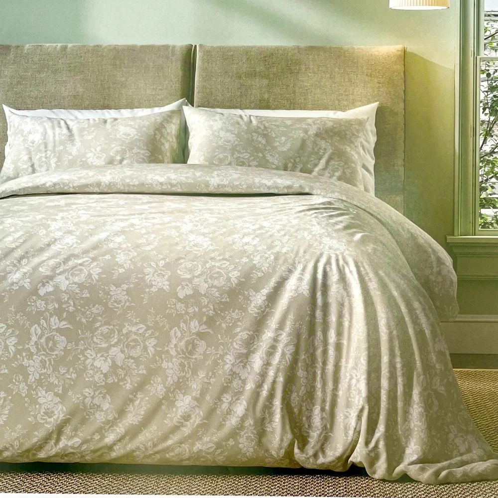 Cabbages & Roses Queen Duvet Set 3pc Taupe Neutral Floral Paris‎ Rose LINEN